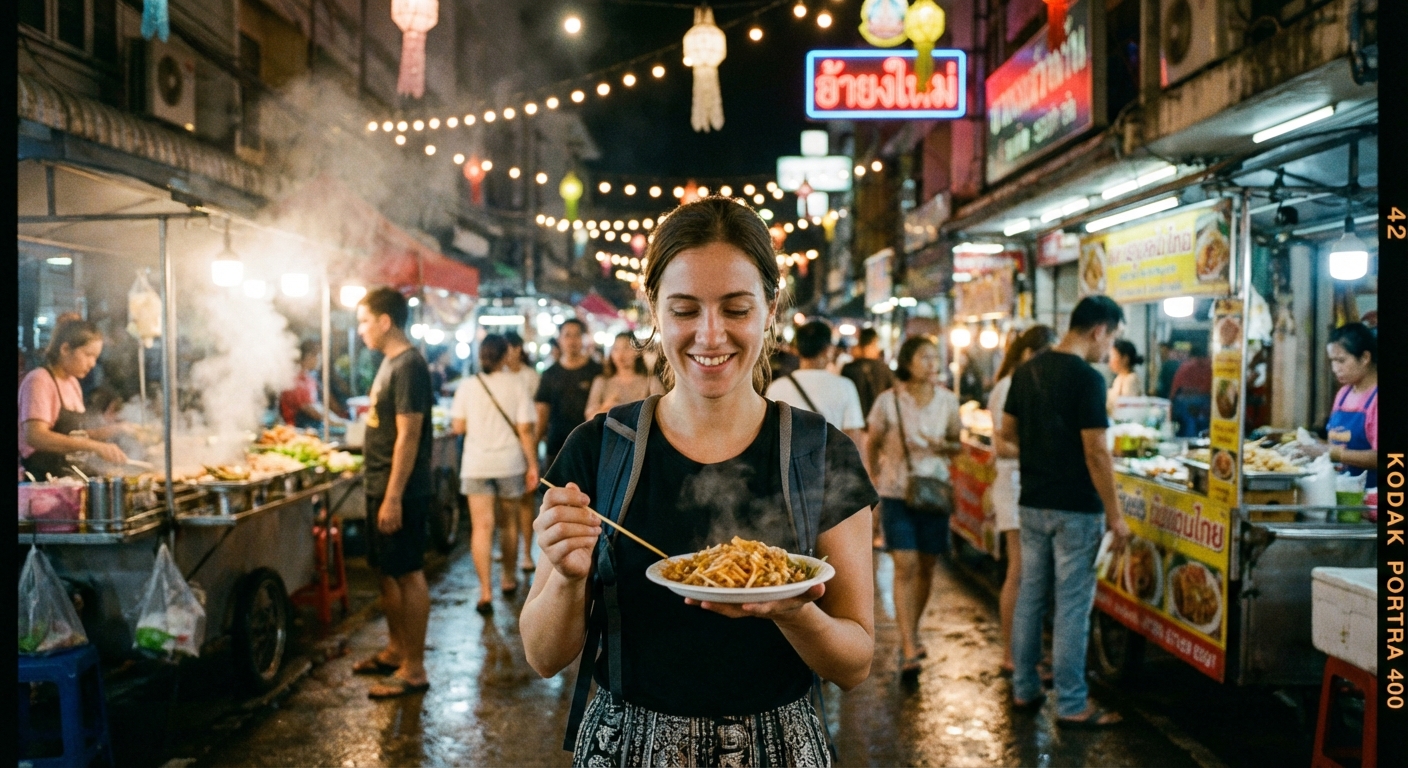 A traveler holding a small plate of street food in a lively night market with warm lights and vendor stalls, candid photorealistic travel photography