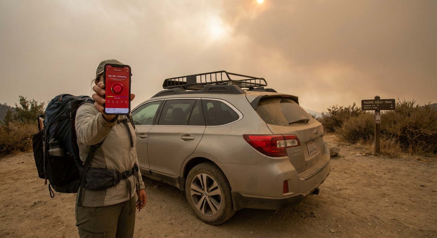 A traveler holding a smartphone displaying an air quality reading while standing beside a parked car at a dusty trailhead under a smoky sky, realistic photo