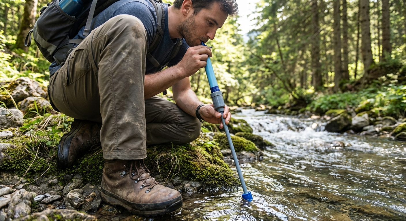 A traveler holding a water filter straw next to a small trail stream, pausing on a rocky bank with hiking boots visible