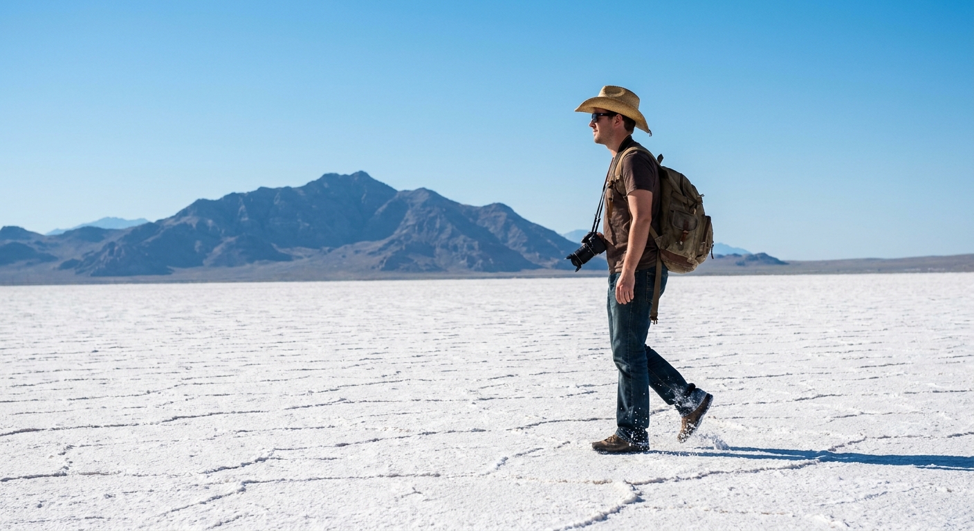 A traveler in a brimmed hat and sunglasses walking across the bright white salt crust at the Bonneville Salt Flats with distant mountains and clear sky, real travel photography
