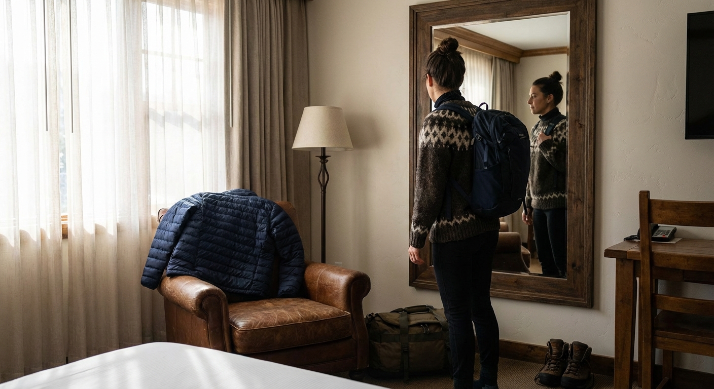 A traveler indoors near a hotel mirror wearing a merino base layer top under a wool sweater, with a packable puffy jacket draped over an armchair, soft natural window light, realistic travel lifestyle photo