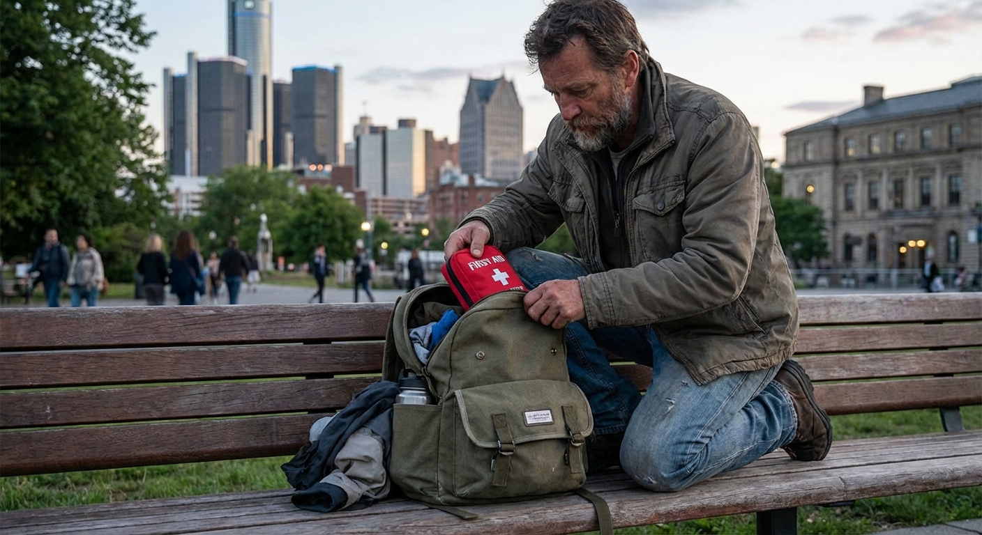 A traveler kneeling next to an open daypack on a city park bench, placing a small first aid pouch into the top pocket, urban skyline softly blurred in the background, photorealistic