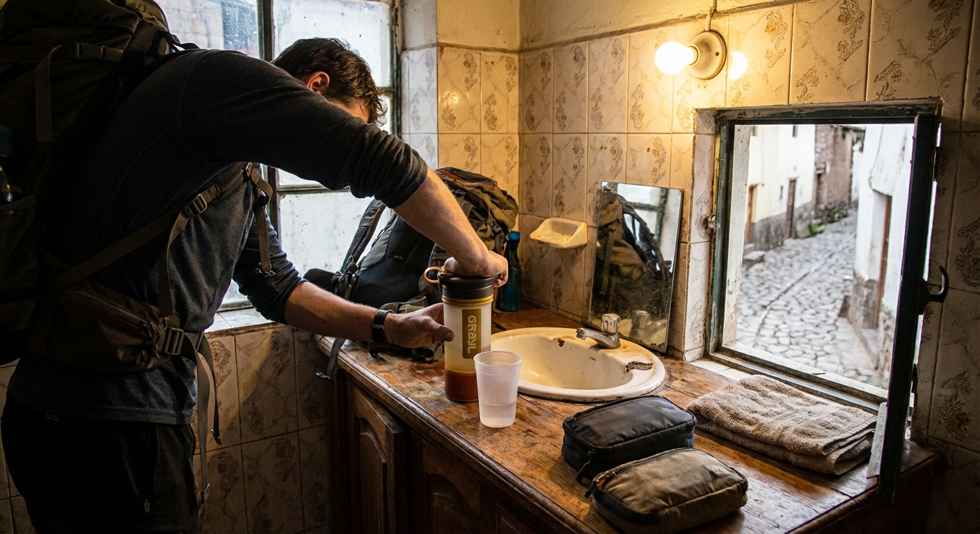 A traveler pressing water through a purifier bottle on a bathroom counter in a small guesthouse, realistic travel photo
