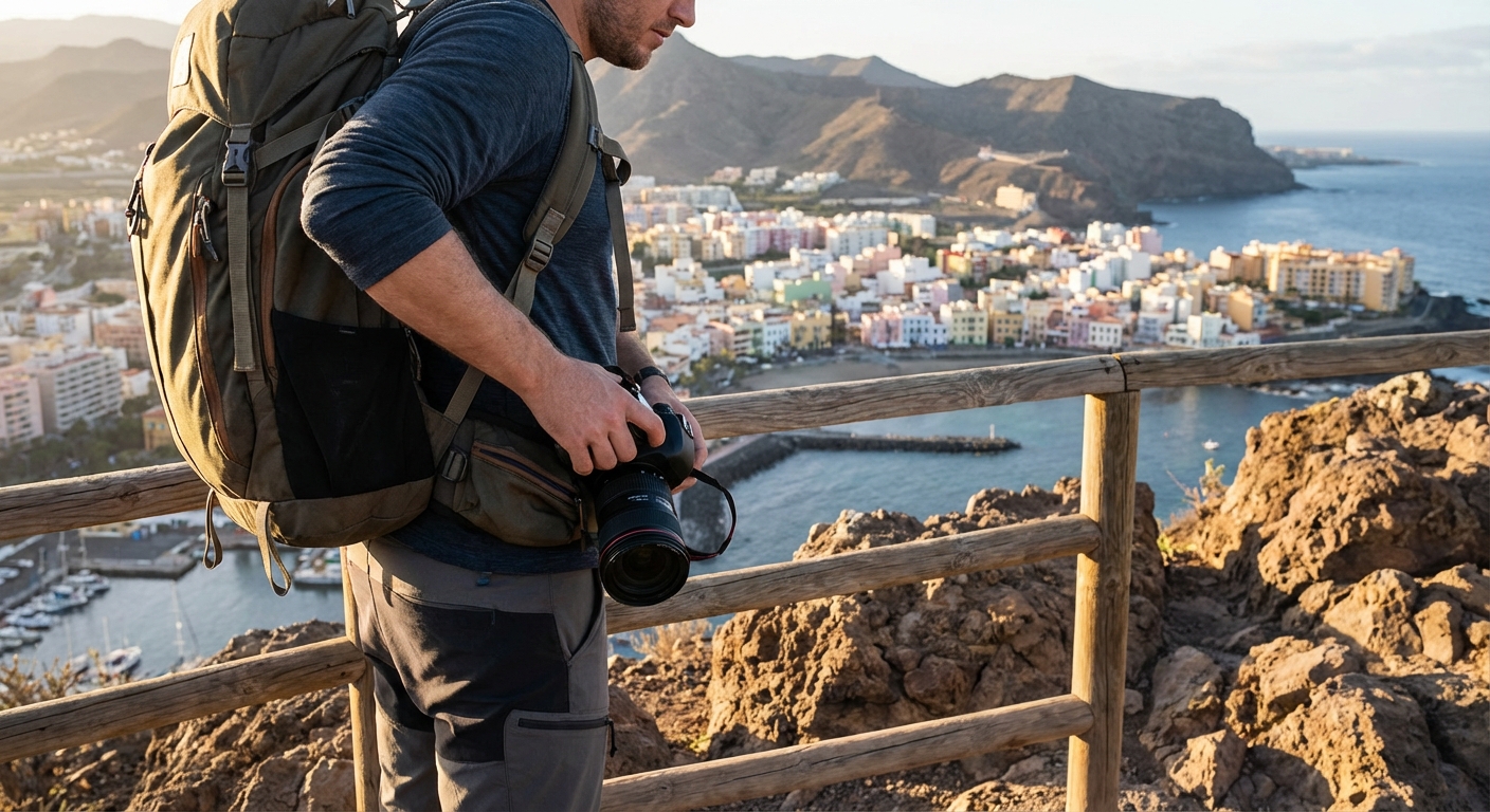 A traveler pulling a camera from the side access of a backpack while standing on a scenic overlook above a coastal city, photorealistic travel photography