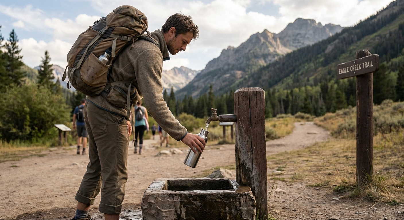 A traveler refilling a reusable bottle from a rustic outdoor tap near a trailhead with mountains in the distance, natural documentary photography