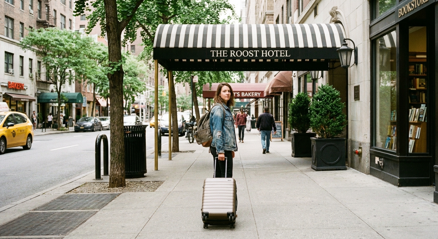 A traveler rolling a small suitcase on a walkable downtown sidewalk near a hotel entrance, with street trees and storefronts in the background, photorealistic travel photography