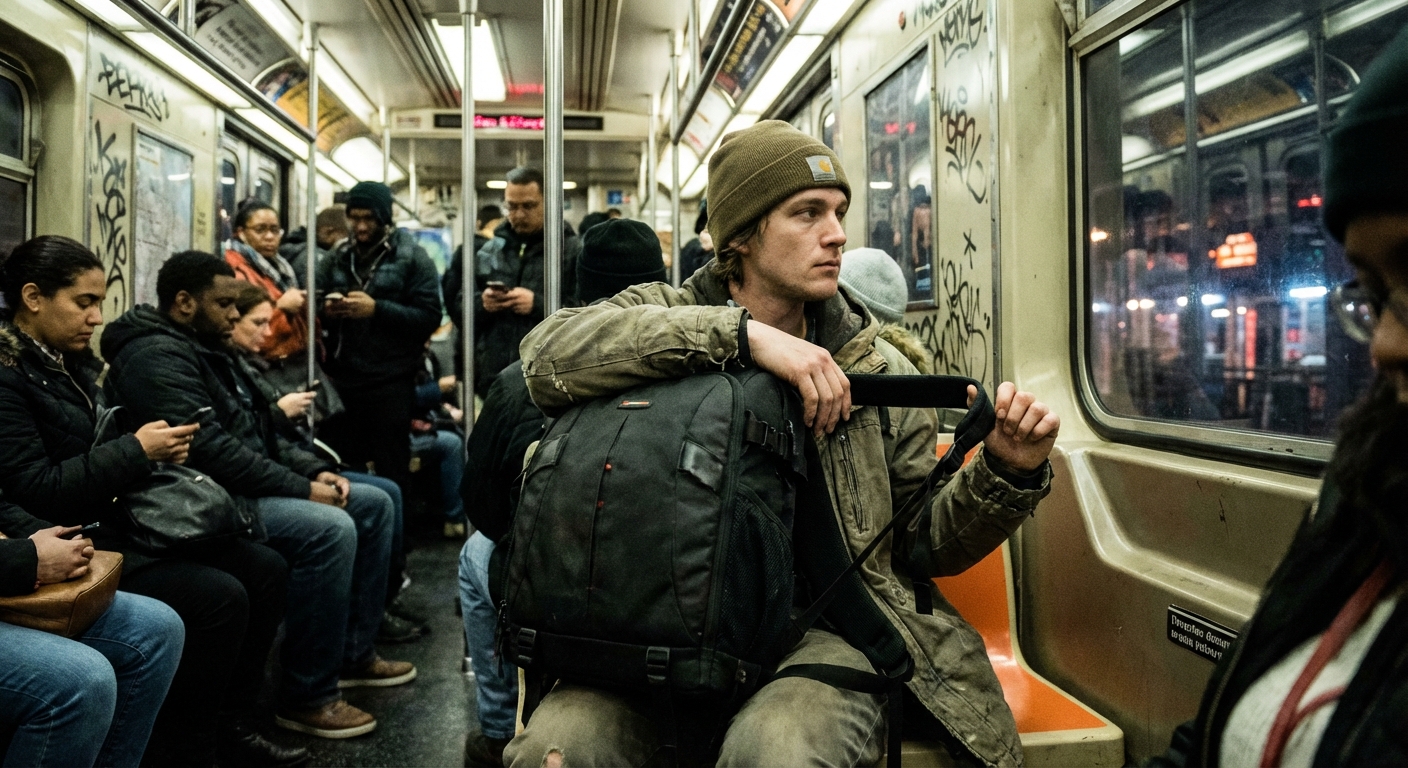 A traveler seated on a subway with a camera backpack resting on their lap, one arm lightly looped through the strap, candid photorealistic transit photography