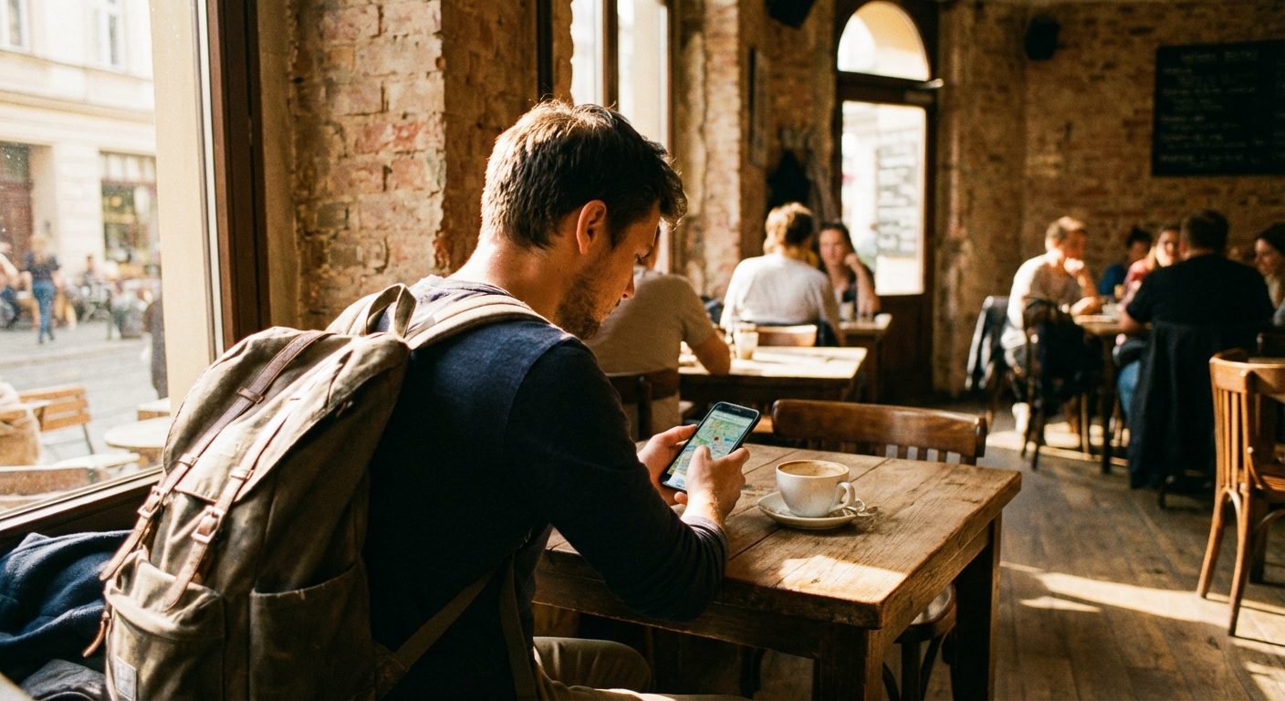 A traveler sitting at a cafe table with a cappuccino and a smartphone showing a city map, warm afternoon light through a window, photorealistic travel photography