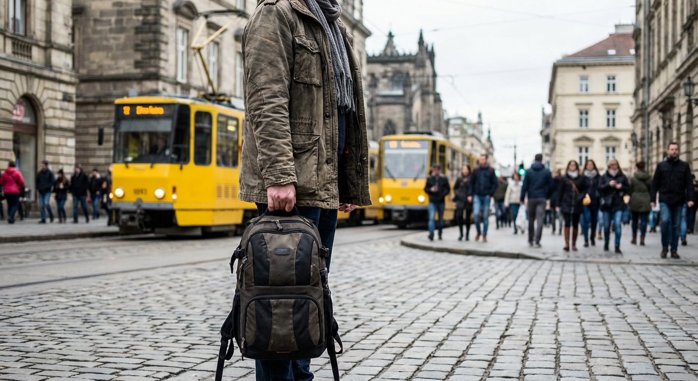 A traveler standing on a busy European city street holding a camera backpack by the top handle, with trams and pedestrians in soft focus behind them, photorealistic street travel photography