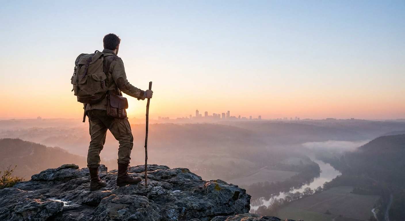 A traveler standing on a rocky overlook with the city skyline faint in the distance under a clear morning sky.