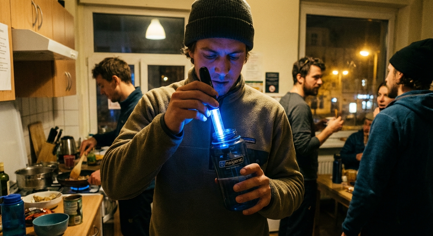 A traveler using a UV water purifier pen inside a wide-mouth water bottle in a hostel kitchen at night, handheld documentary photo
