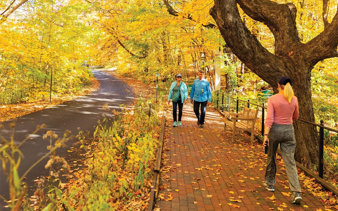 A traveler walking on a tree-lined path in a mountain city park in the early evening, with hills rising in the background, realistic travel photography