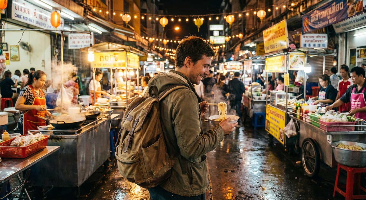 A traveler walking through a lively night street food market with warm lights and small vendor stalls, holding a bowl of food, photorealistic travel photography