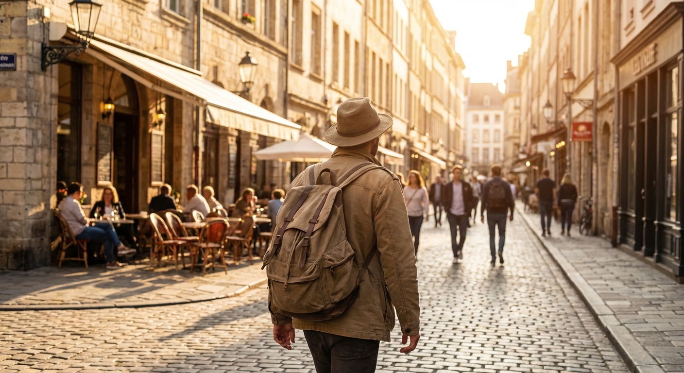 A traveler wearing a backpack walking on a cobblestone street in a European city at golden hour, small cafés and pedestrians in the background, candid travel photography