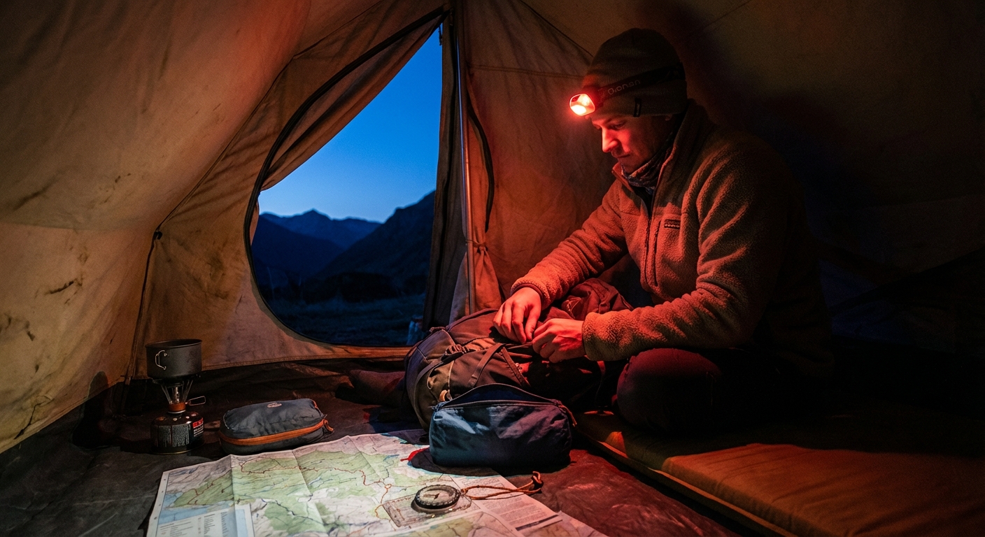 A traveler wearing a headlamp using a soft red light inside a small tent at dusk, hands organizing gear, photorealistic camping photography