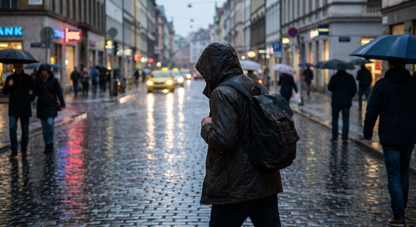 A traveler wearing a hooded rain jacket walking through a wet city street with reflections on the pavement and light rain falling, candid street photography