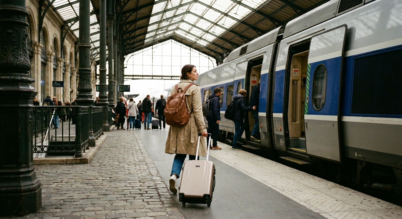 A traveler with a carry-on suitcase walking along a busy European-style train station platform as a train waits with open doors, candid travel photography