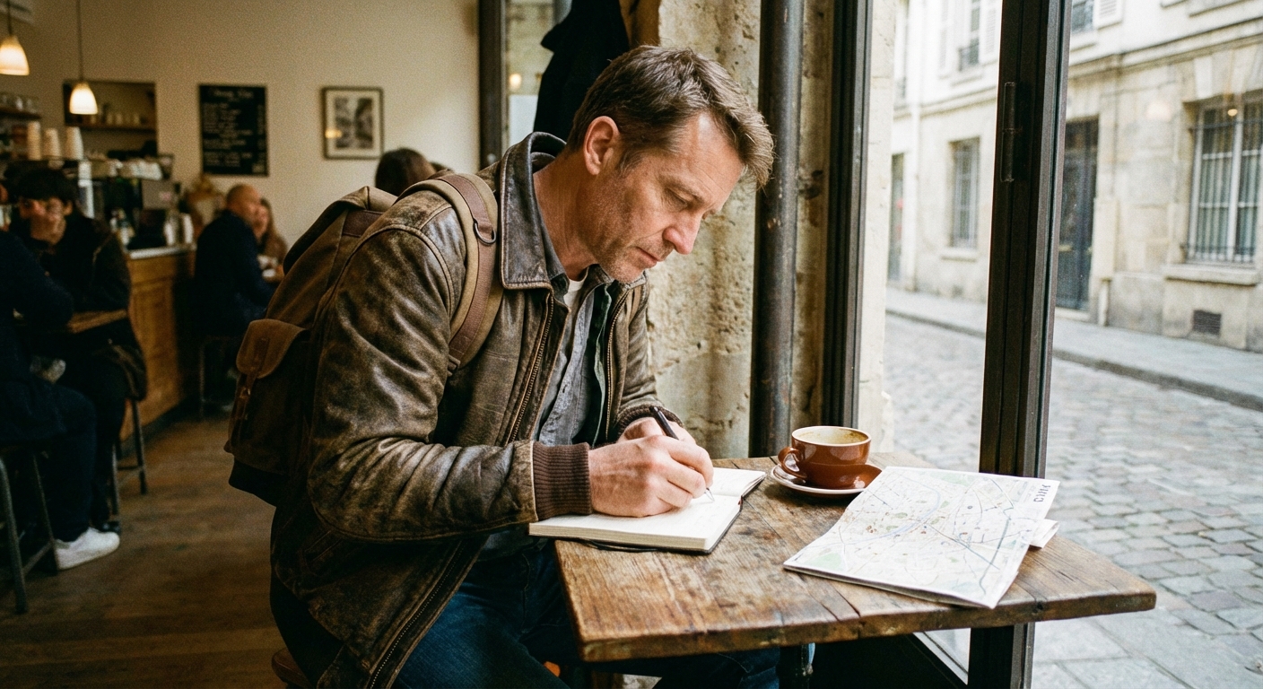 A traveler writing in a notebook at a small coffee shop table beside a cup of coffee and a folded city map.