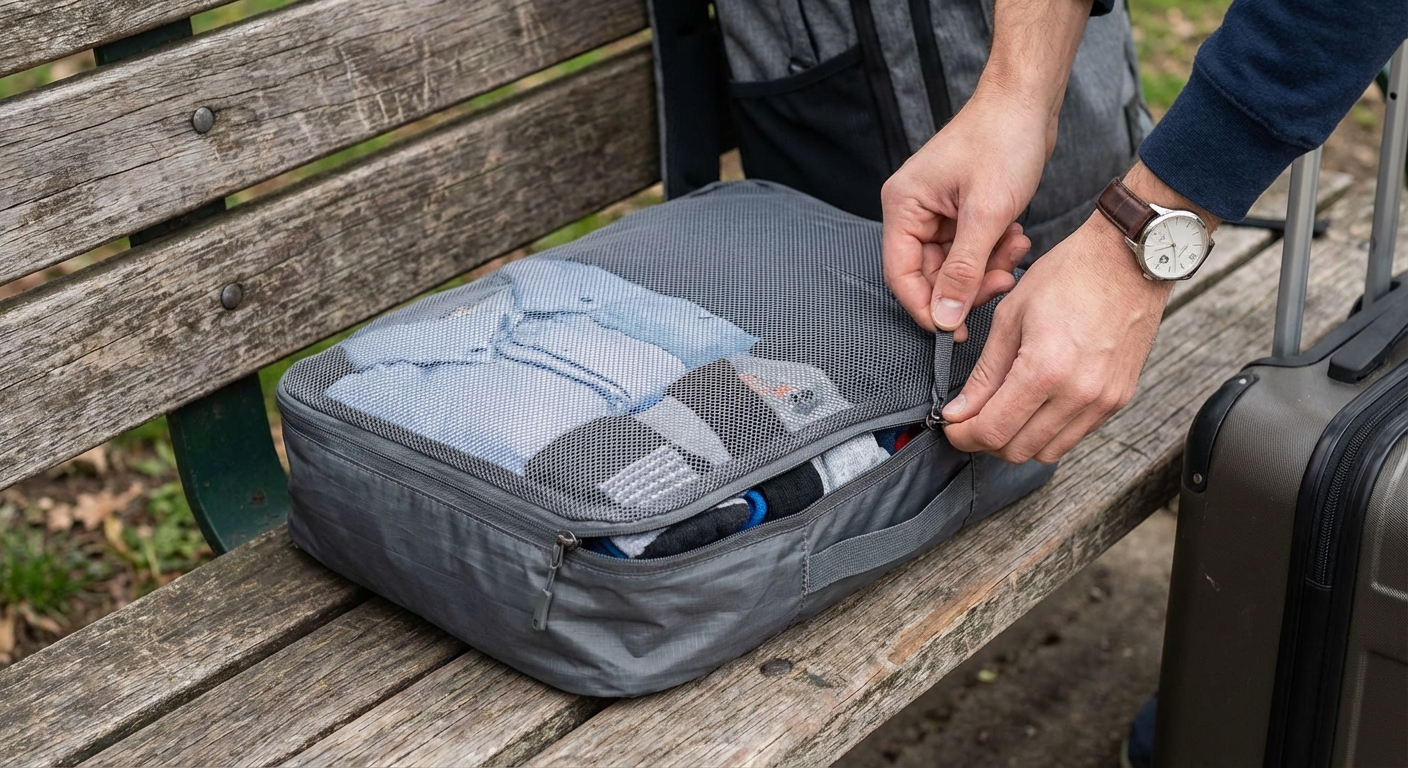 A traveler’s hands zipping a compression packing cube on a wooden bench with folded clothing inside, showing the second zipper tightening the cube in a real-life packing moment