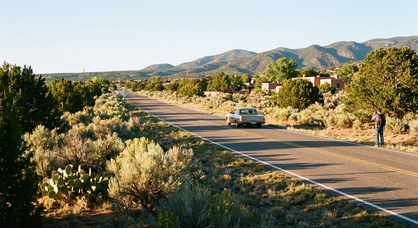 A two-lane stretch of NM-503 near Chimayó, New Mexico, with high-desert vegetation, distant foothills, and afternoon sunlight, real travel photography style