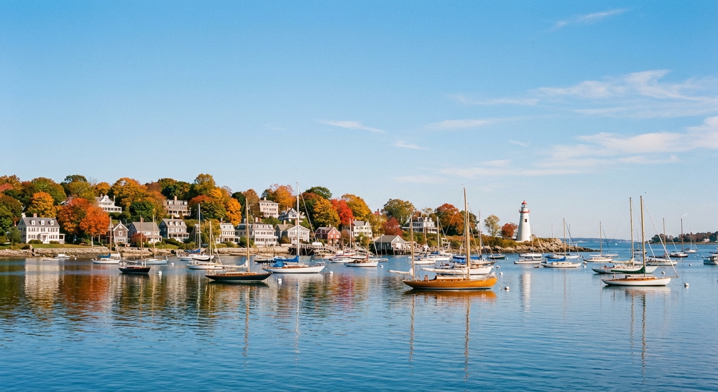 A view across Marblehead Harbor with classic New England homes on a hillside, sailboats anchored in calm water, and early fall foliage under a clear blue sky, photorealistic travel photography