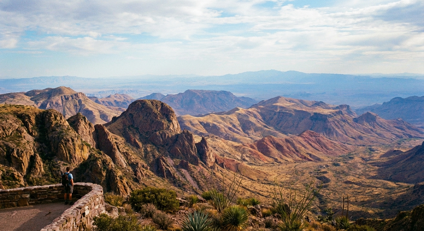 A view from the Lost Mine Trail overlook in the Chisos Mountains with layered desert ridges fading into the distance under a bright blue sky