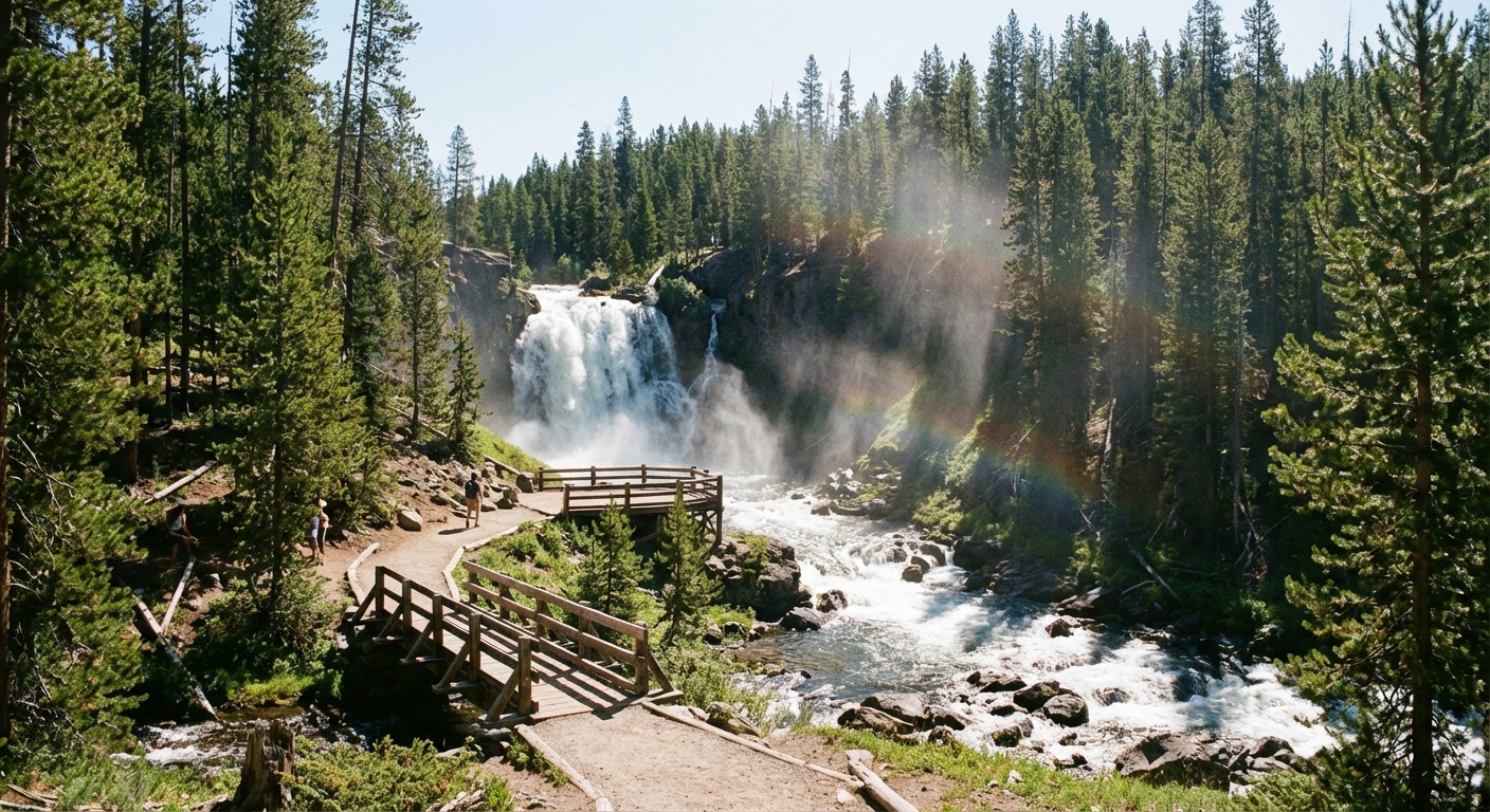 A waterfall dropping into a rocky creek in a pine forest in Yellowstone, with a dirt trail leading to a viewpoint, bright clear day, photorealistic