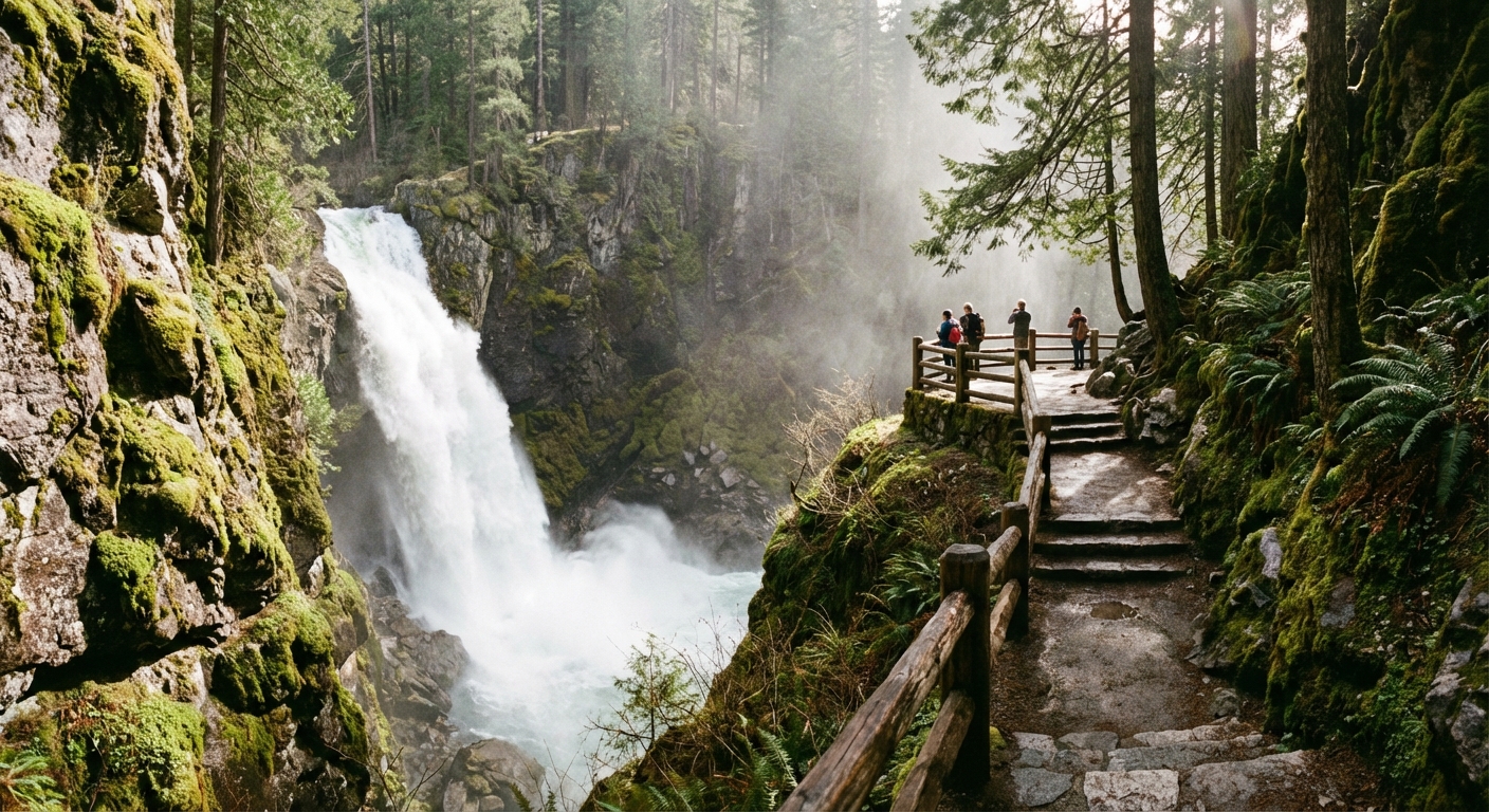 A waterfall plunging through a rocky forested gorge with a hiking trail leading to a viewing area, mist rising in the air, photorealistic national park photography