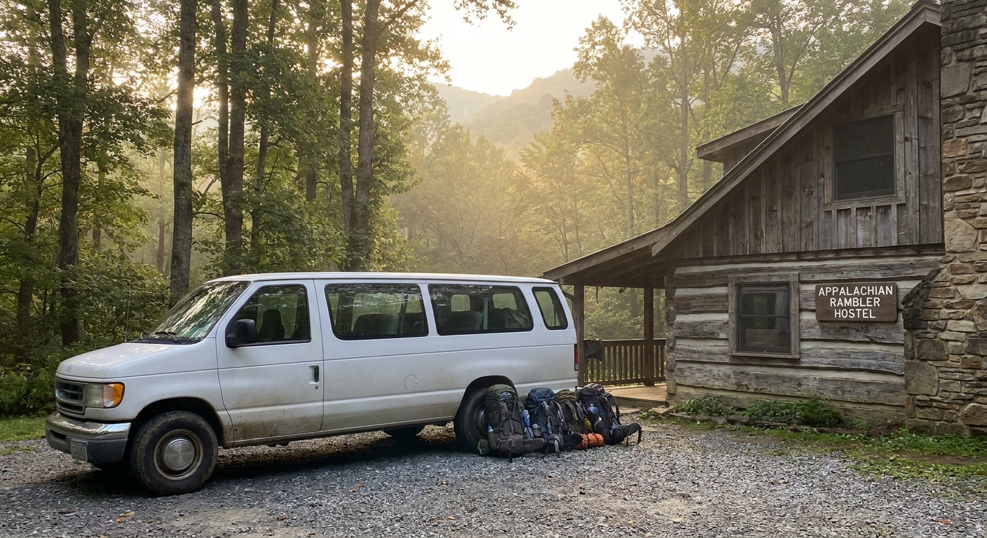 A white passenger van parked near a rustic mountain hostel with backpacks visible inside, early morning light in a wooded Appalachian setting