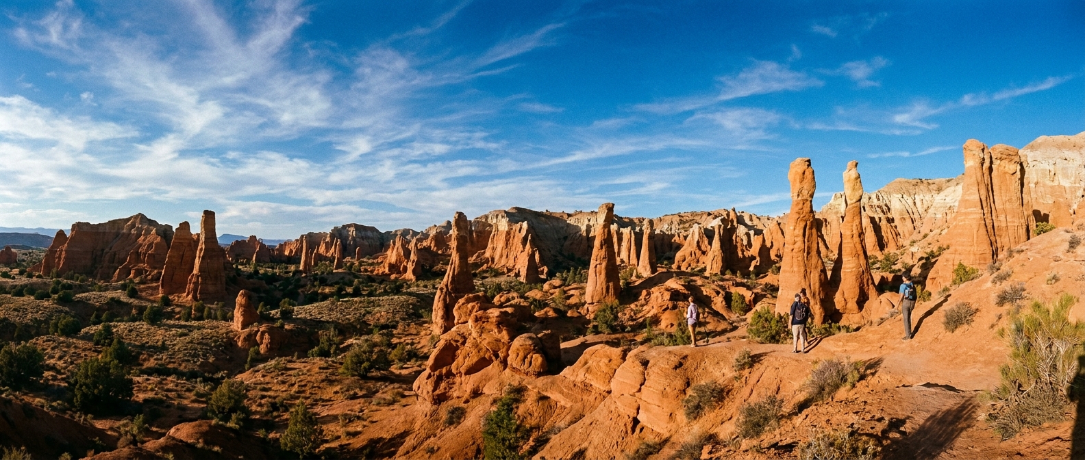 A wide-angle photograph from an overlook on the Angel’s Palace Trail in Kodachrome Basin State Park, with tall sandstone chimneys rising from a red-orange basin under a deep blue Utah sky