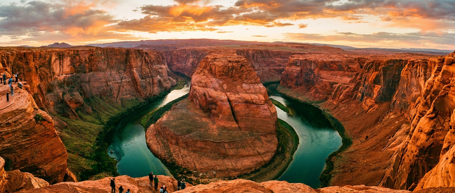 A wide-angle photograph from the Horseshoe Bend overlook near Page, Arizona, showing the Colorado River curving around a massive sandstone formation at sunset with warm light on the canyon walls