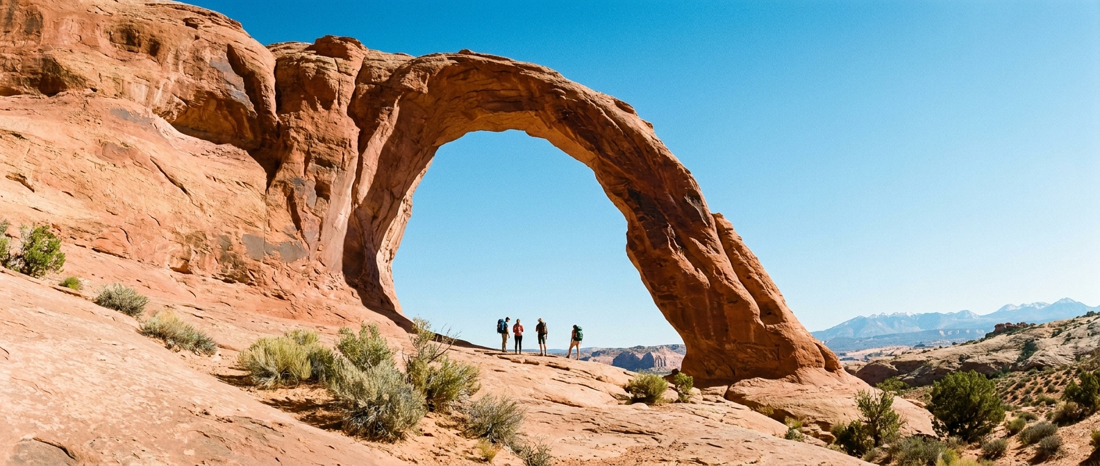 A wide-angle photograph of Corona Arch near Moab, Utah, with hikers standing small beneath the massive red sandstone span under a clear blue sky