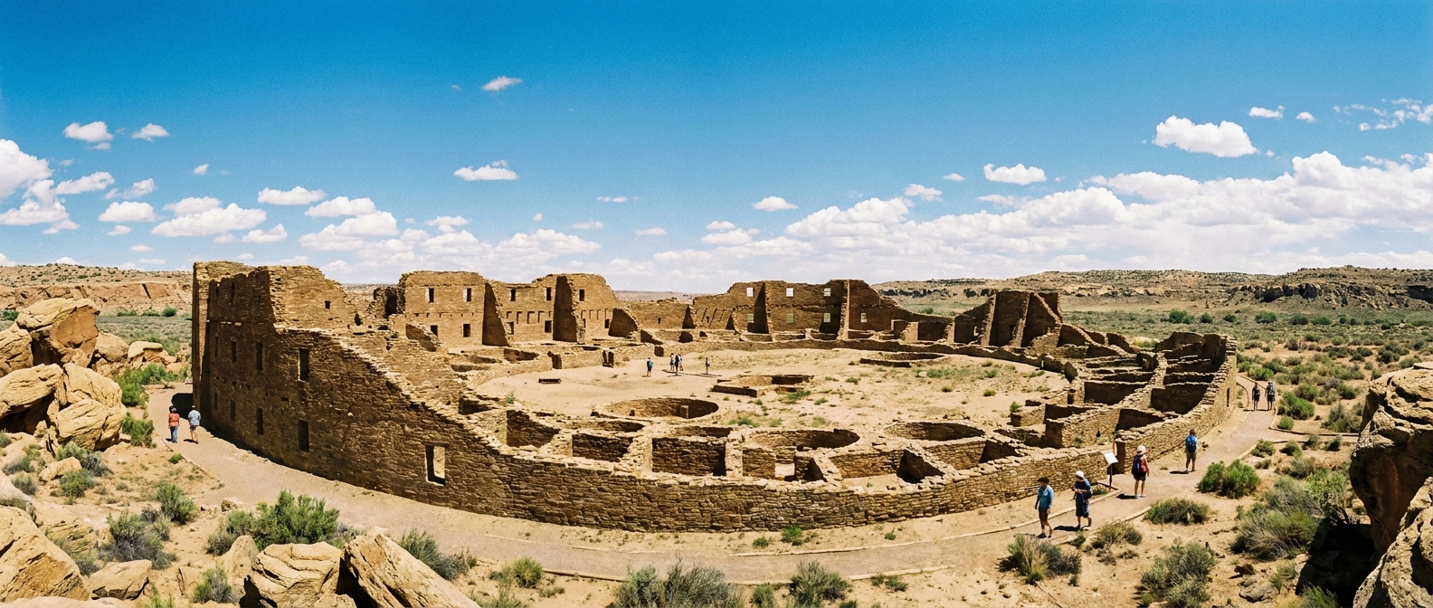 A wide-angle photograph of Pueblo Bonito in Chaco Culture National Historical Park, showing the curved sandstone walls and rectangular room openings under a bright New Mexico sky