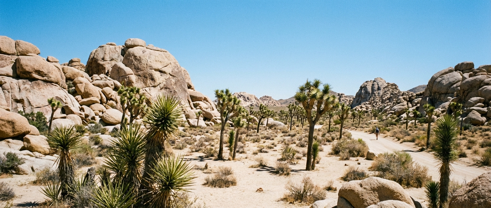 A wide desert landscape in Joshua Tree National Park with rounded granite boulders and spiky Joshua trees under a clear blue sky, midday natural light, photorealistic travel photography