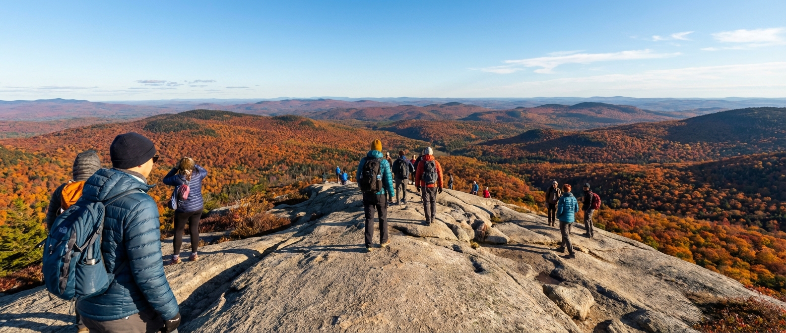 A wide granite summit with scattered hikers wearing jackets, overlooking rolling hills covered in orange and red fall forest beneath a crisp blue sky, photorealistic landscape photography