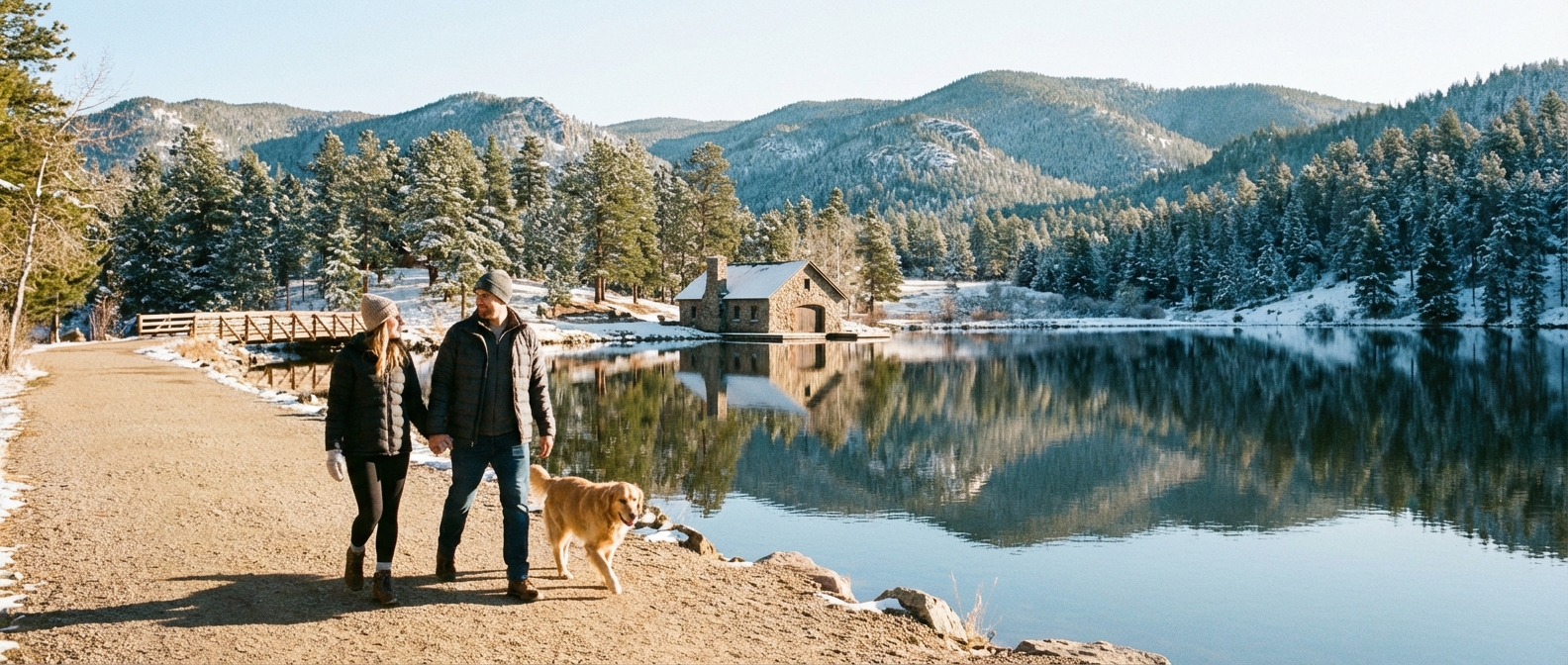A wide lakeside walking path at Evergreen Lake with calm water reflecting evergreen trees and snow-dusted foothills, a couple walking in the foreground, crisp afternoon light, photorealistic travel photography