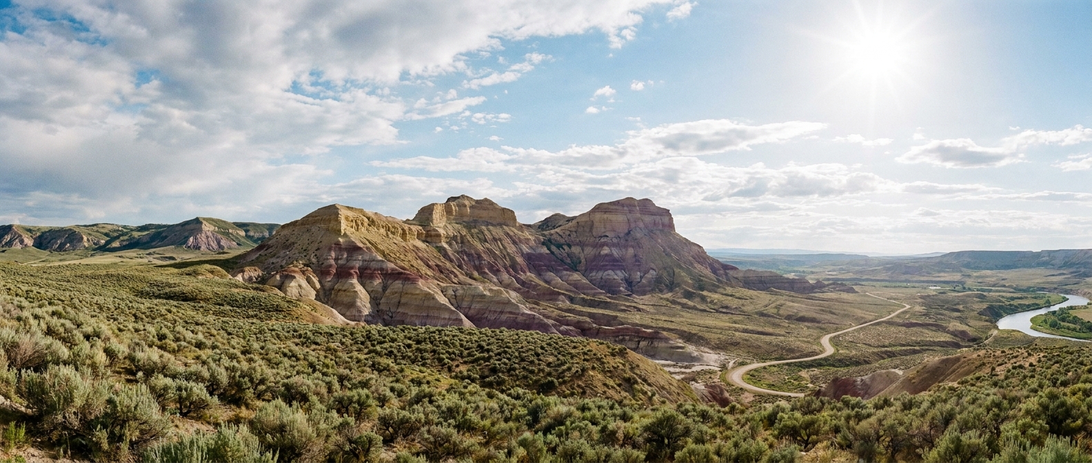 A wide landscape photo from a Fossil Butte National Monument overlook with sagebrush hills, layered rock slopes, and big Wyoming sky under bright sun