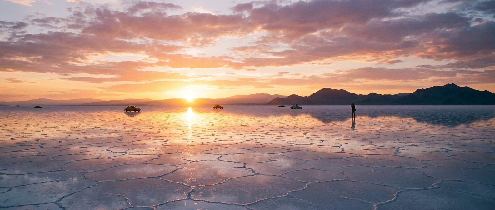 A wide, mirror-flat stretch of white salt at the Bonneville Salt Flats with a low golden sunset on the horizon and distant mountains, real travel photography style