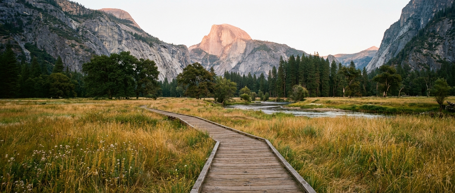 A wide photograph of Cook’s Meadow in Yosemite Valley with a boardwalk path cutting through tall grass, Half Dome visible in the distance, and soft evening light