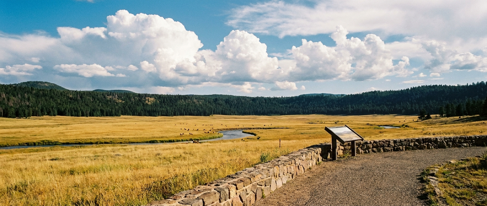 A wide, real-photograph view from a roadside overlook across the Valle Grande meadow with golden grass, dark evergreen forest on the rim, and big summer clouds over northern New Mexico