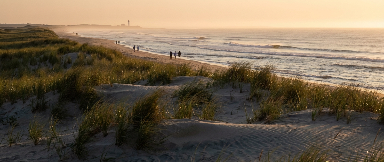 A wide sandy beach at Cape Cod National Seashore with rolling dunes and beach grass in the foreground, a few distant walkers near the shoreline, soft golden hour light, photorealistic coastal photography