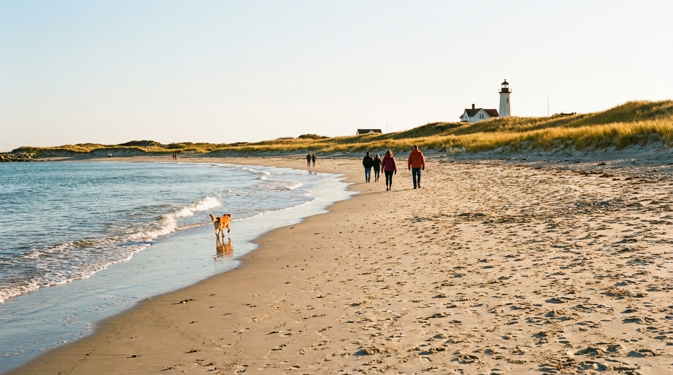 A wide sandy beach in Westerly, Rhode Island with gentle waves, a few walkers in jackets, and dune grass turning golden in the early fall afternoon, photorealistic travel photography