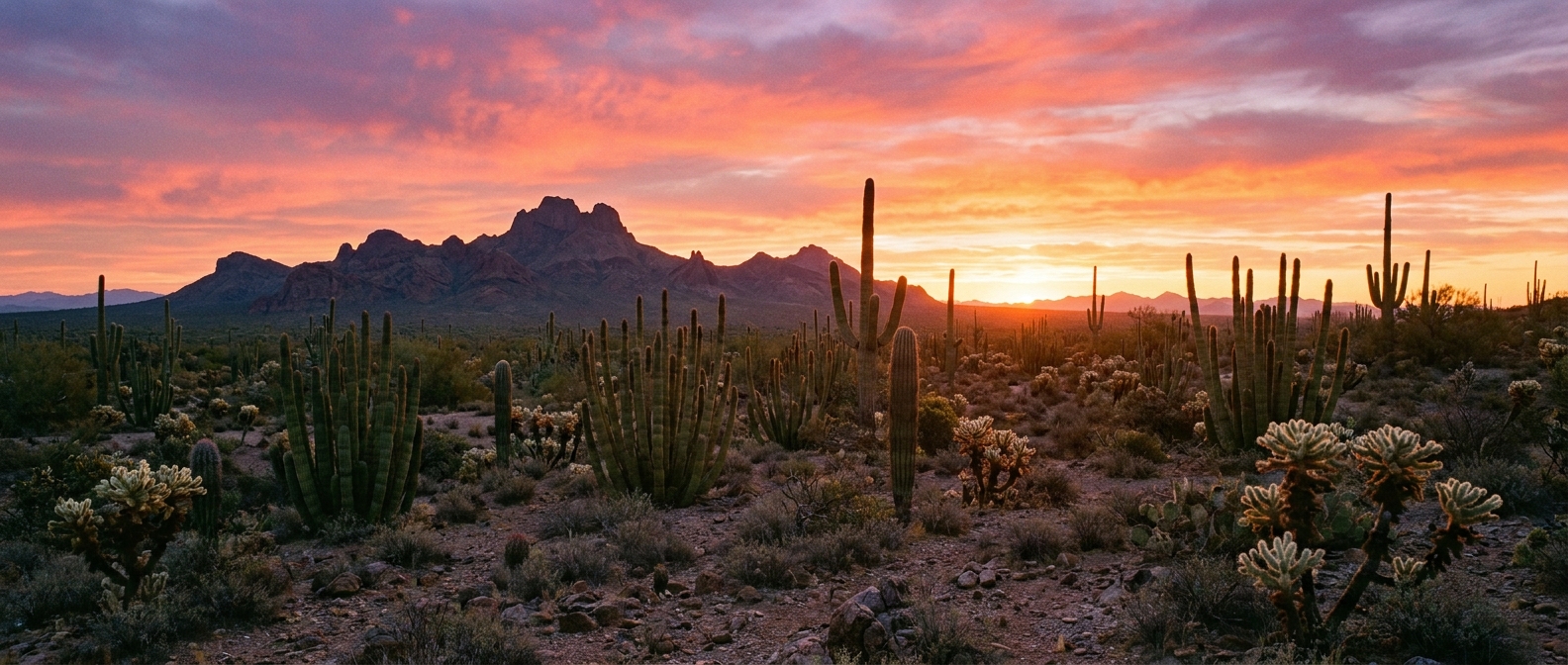 A wide sunrise photograph in Organ Pipe Cactus National Monument with Ajo Mountain silhouetted behind organ pipe cacti and rocky desert foreground, natural light, realistic landscape photo