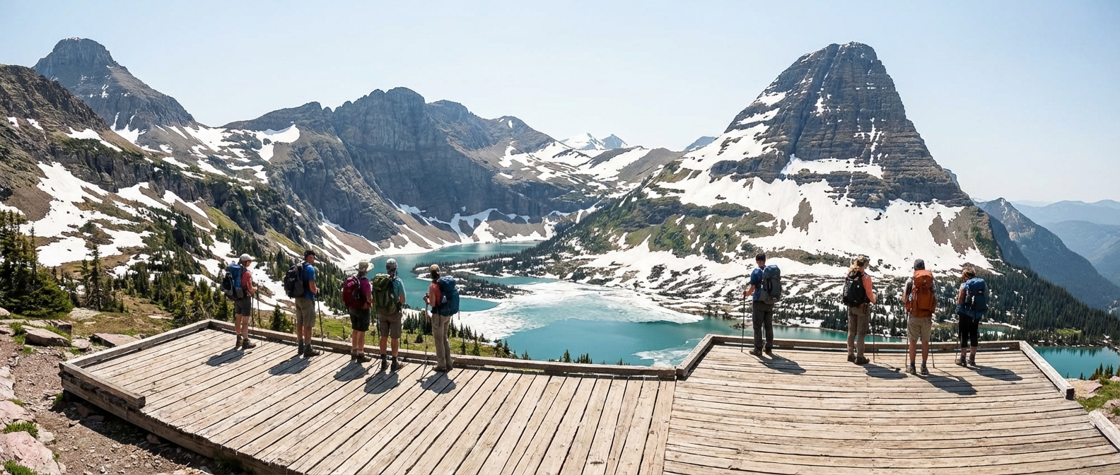 A wide view from Hidden Lake Overlook with a small alpine lake below, snow patches on the surrounding peaks, and hikers standing on a wooden overlook area under bright daylight, photorealistic