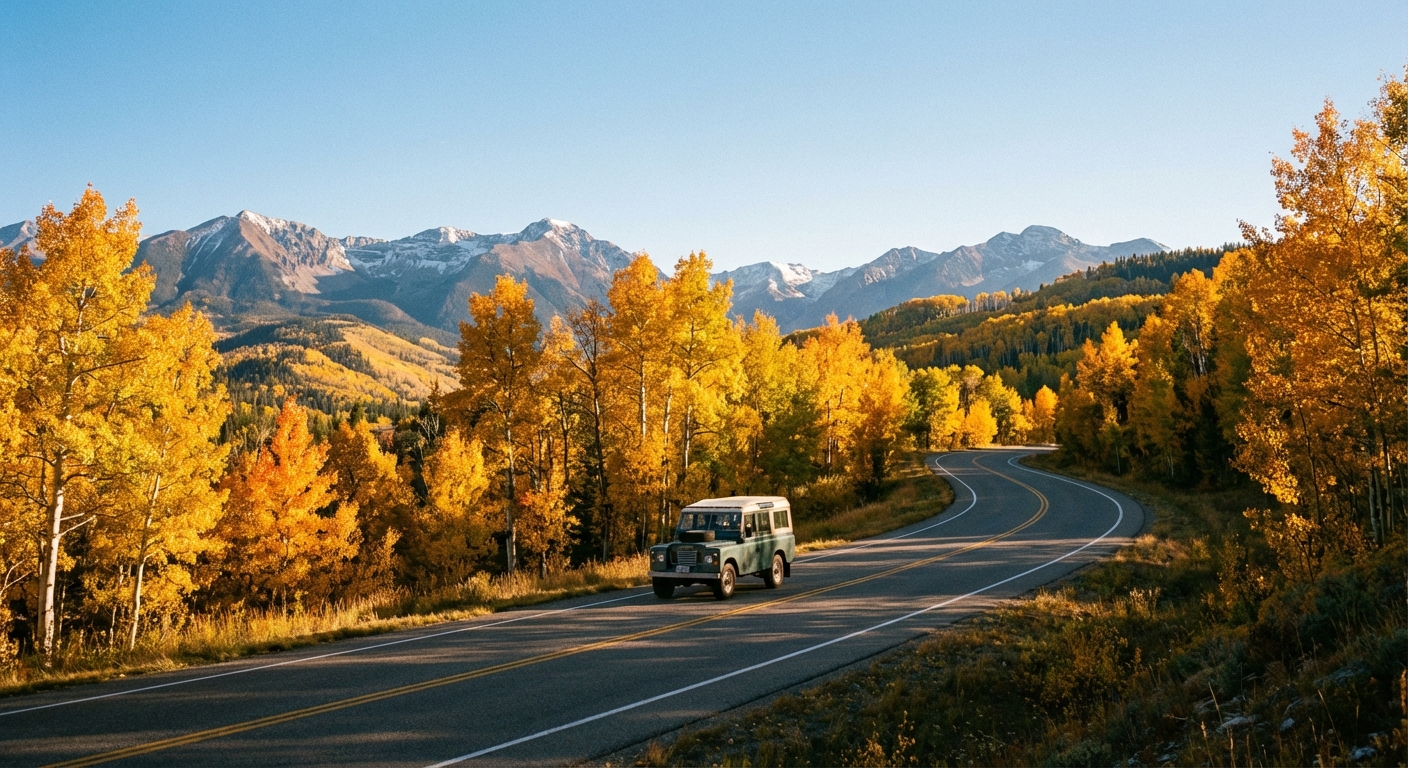 A winding road through a national park lined with golden autumn trees, distant mountains, and a clear blue sky, late afternoon light