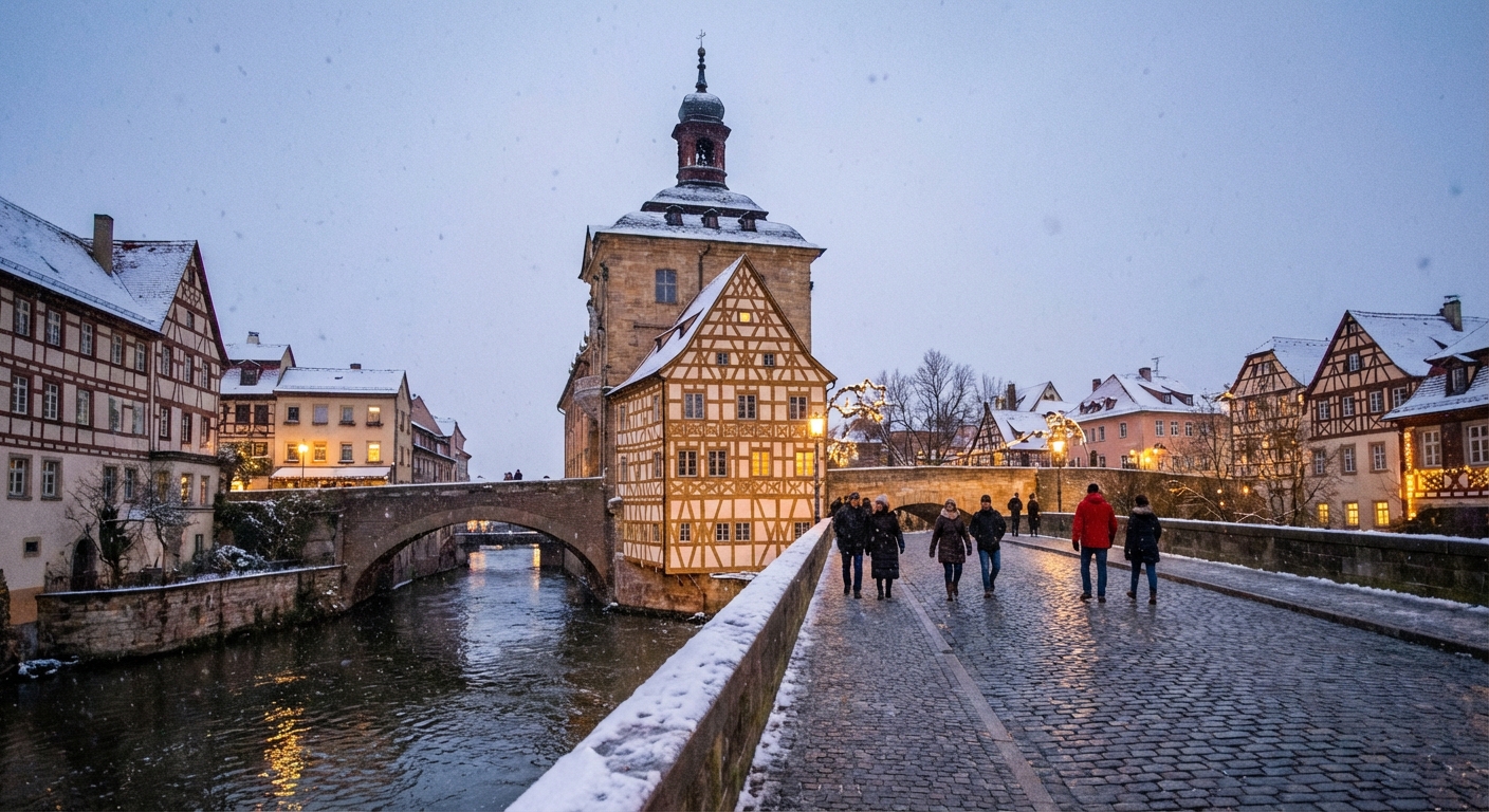 A winter evening view of Bamberg’s old town with snow dusting the rooftops, warm lights glowing from historic buildings along the river, and a few pedestrians walking on a cobblestone street, photorealistic travel photography
