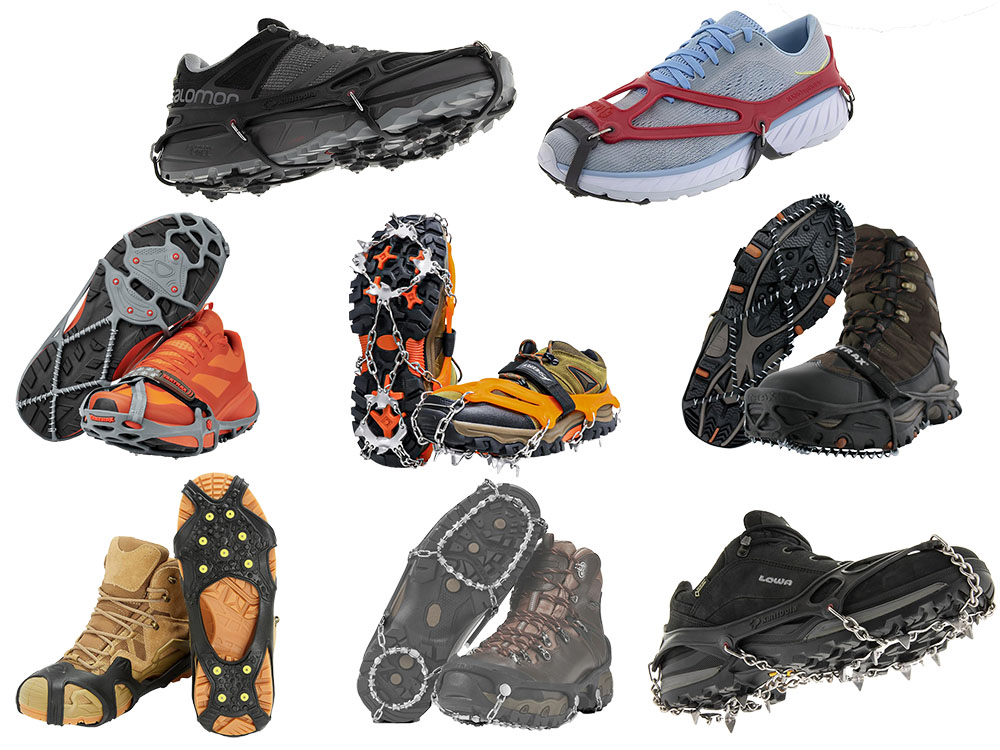 A winter hiker wearing microspikes walking on a packed snow trail with icy patches near a mountain overlook, natural light, real photography style