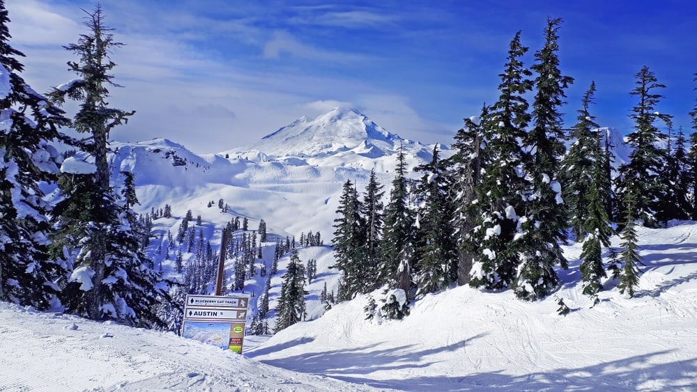 A winter photograph of the closed gate near Heather Meadows on the Mount Baker Highway with deep snowbanks and overcast sky