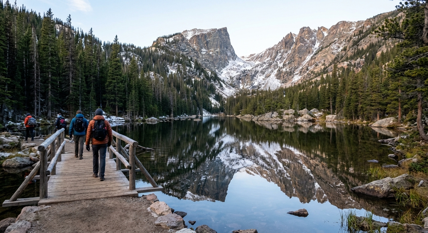 A wooden footbridge on the Bear Lake loop trail with still water reflecting surrounding pine trees and rugged mountain peaks, a few hikers on the path, crisp morning light, photorealistic travel photography