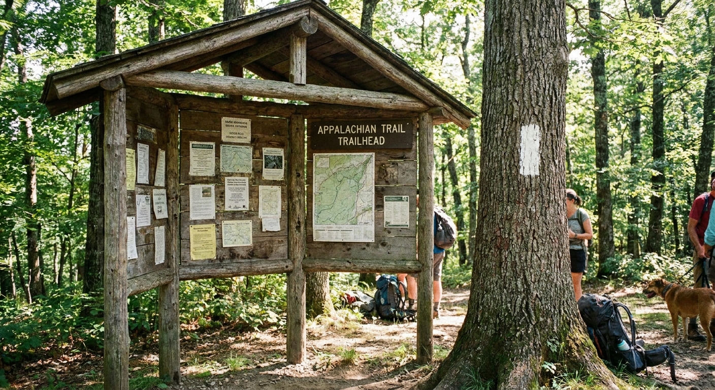 A wooden information kiosk at an Appalachian Trail trailhead with posted notices and a visible white blaze on a nearby tree, photographed in daylight